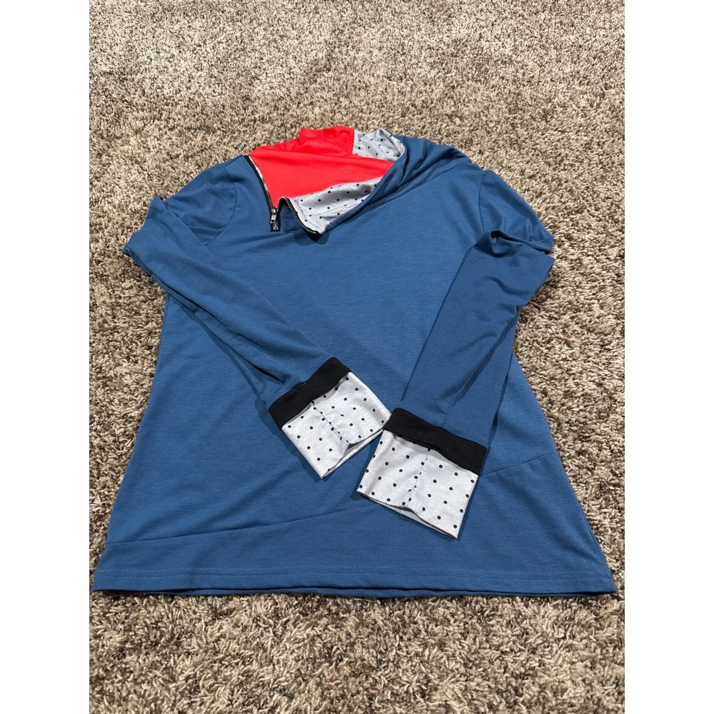 Misslook Womens Asymmetrical Zip Funnel Neck Polka Dot Cuff Top Blue Red Medium